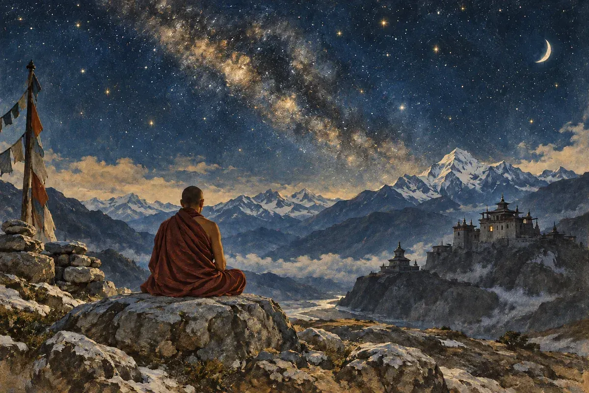 A monk meditating beneath a star-filled Himalayan sky