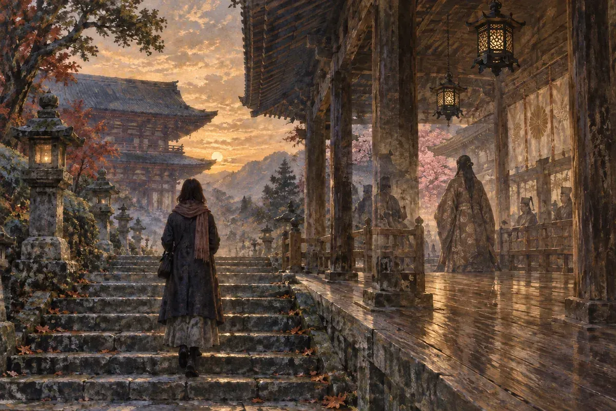 A woman walking toward an old mountain temple at dusk