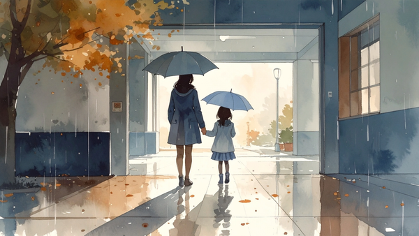 A mother and daughter hold hands beneath umbrellas as they leave a school on a rainy day.