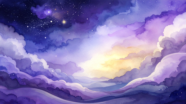 Soft violet and indigo nebula clouds surround a warm golden glow beneath distant stars.