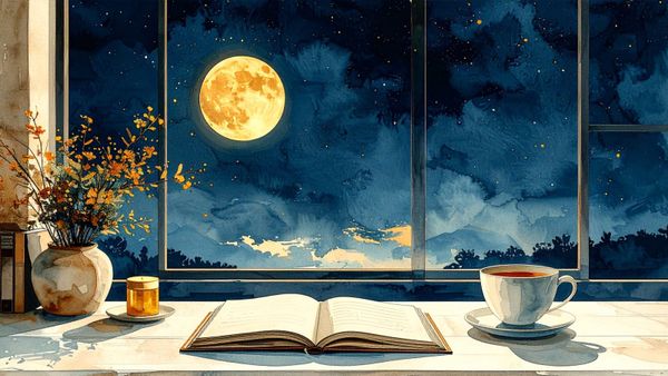 An open notebook and tea beside a moonlit window