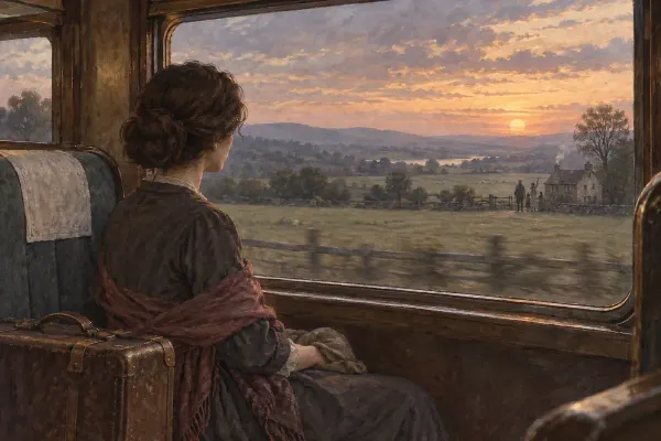 A woman looking from an old train window across fields at dusk