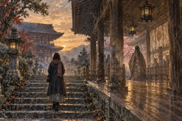 A woman walking toward an old mountain temple at dusk