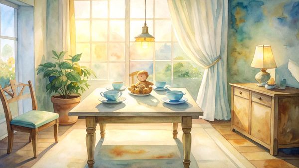 A sunlit table set with teacups, a small teddy bear, and a green plant in a peaceful room.