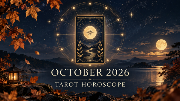 A glowing tarot card and zodiac wheel above a moonlit lake framed by copper autumn leaves.