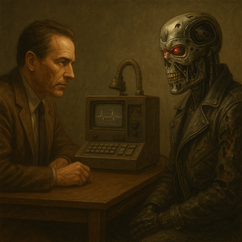 Scena z testem Voight-Kampff: człowiek przesłuchuje uszkodzonego T-800