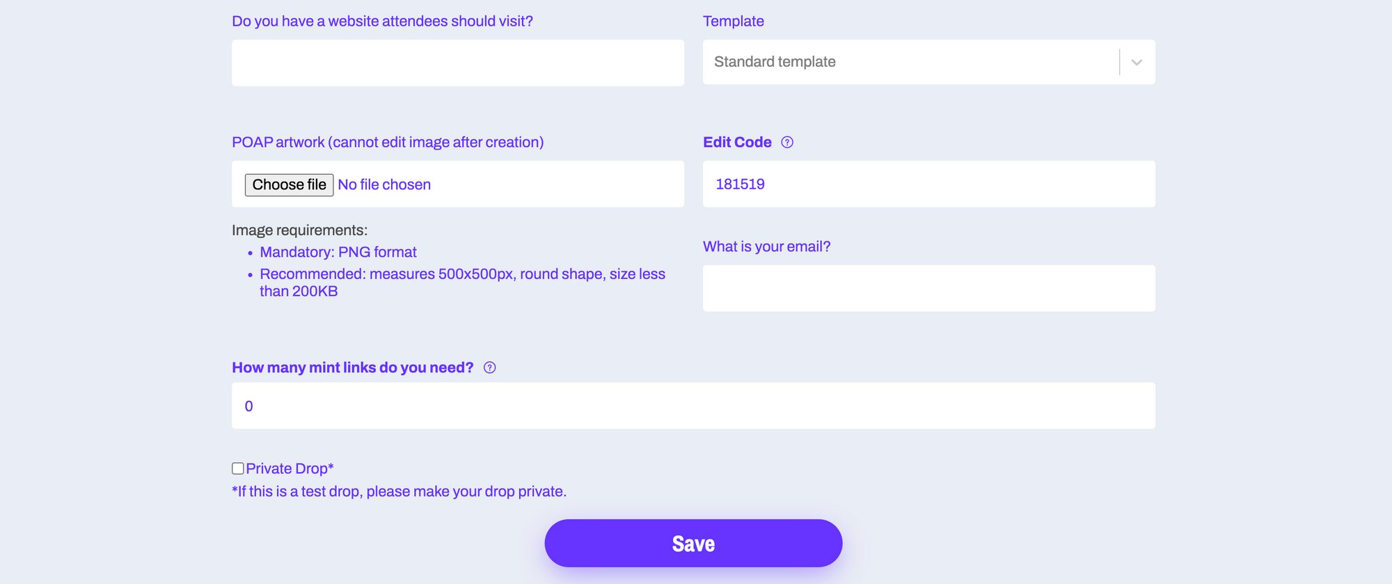 Create POAP drop - specify details