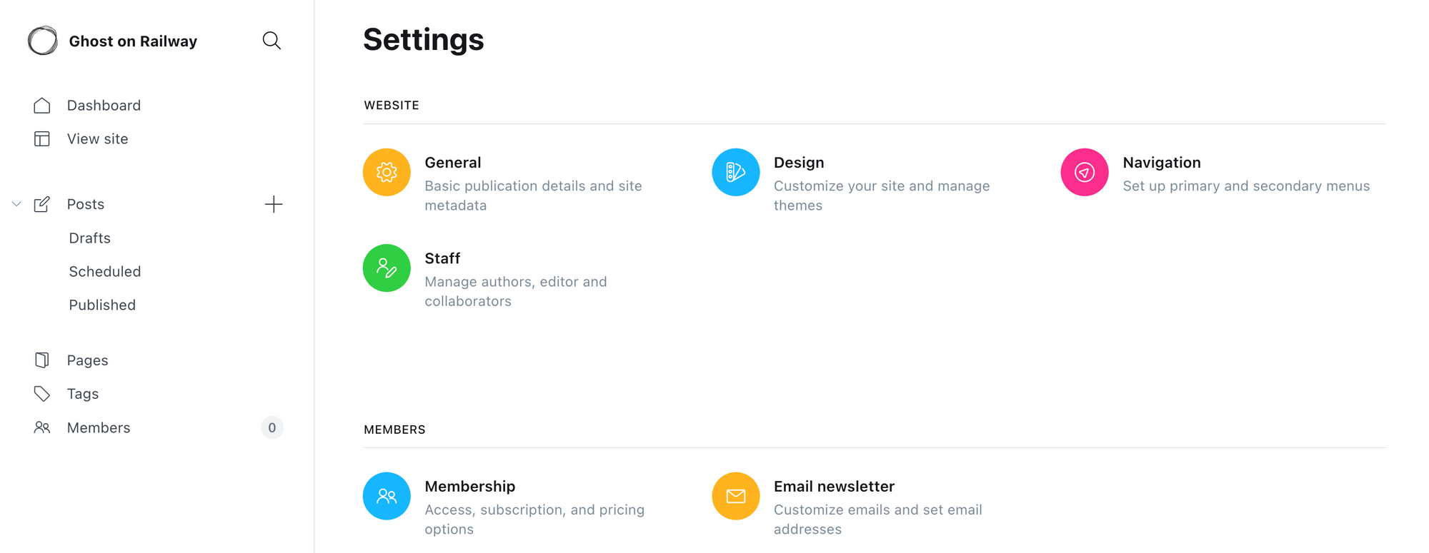 Ghost admin settings