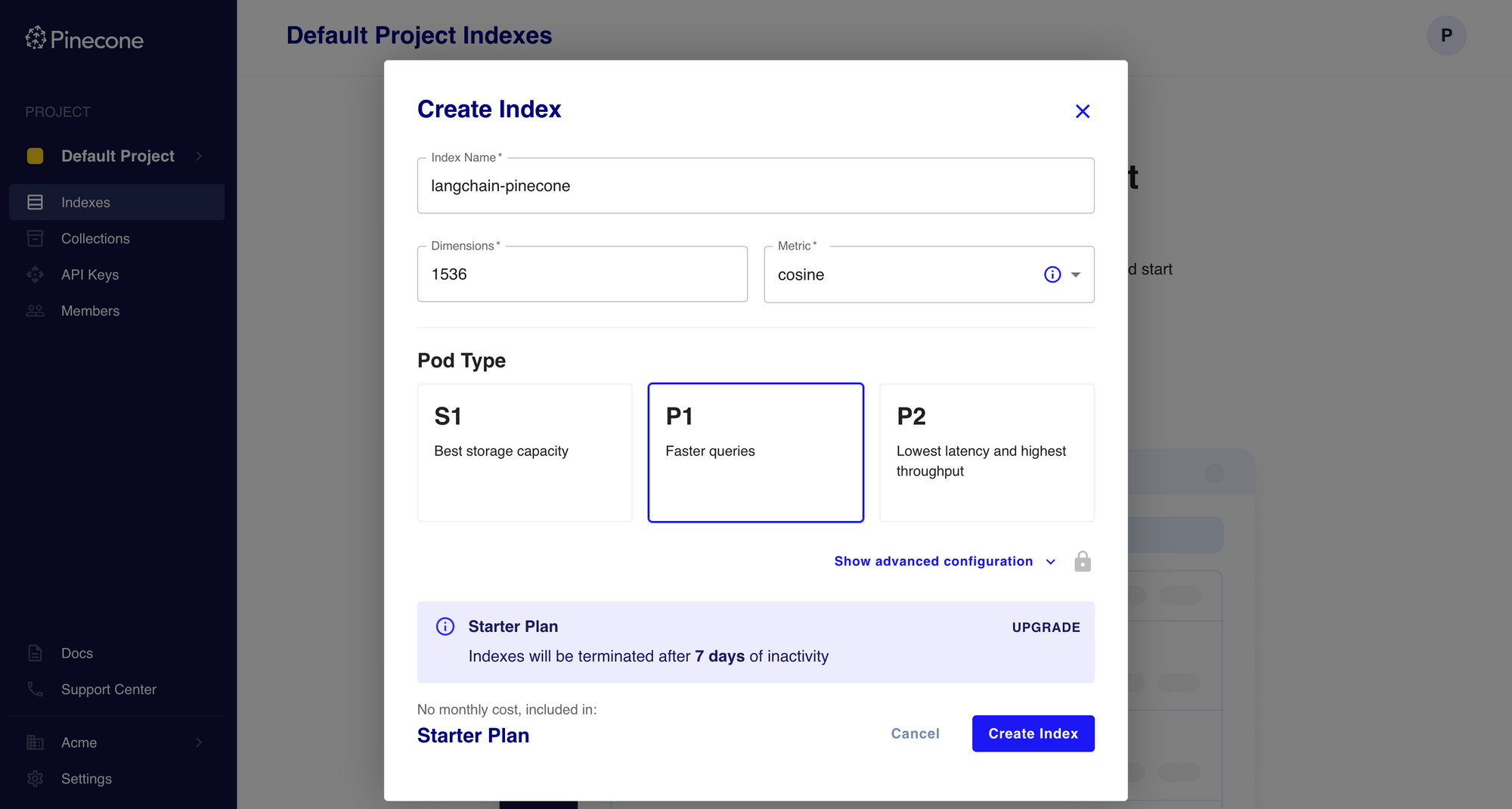 Create a new Pinecone index