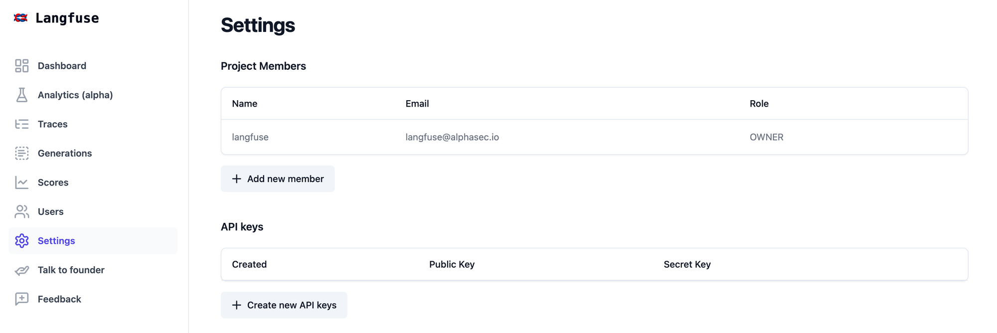 Create new API keys from the Settings page