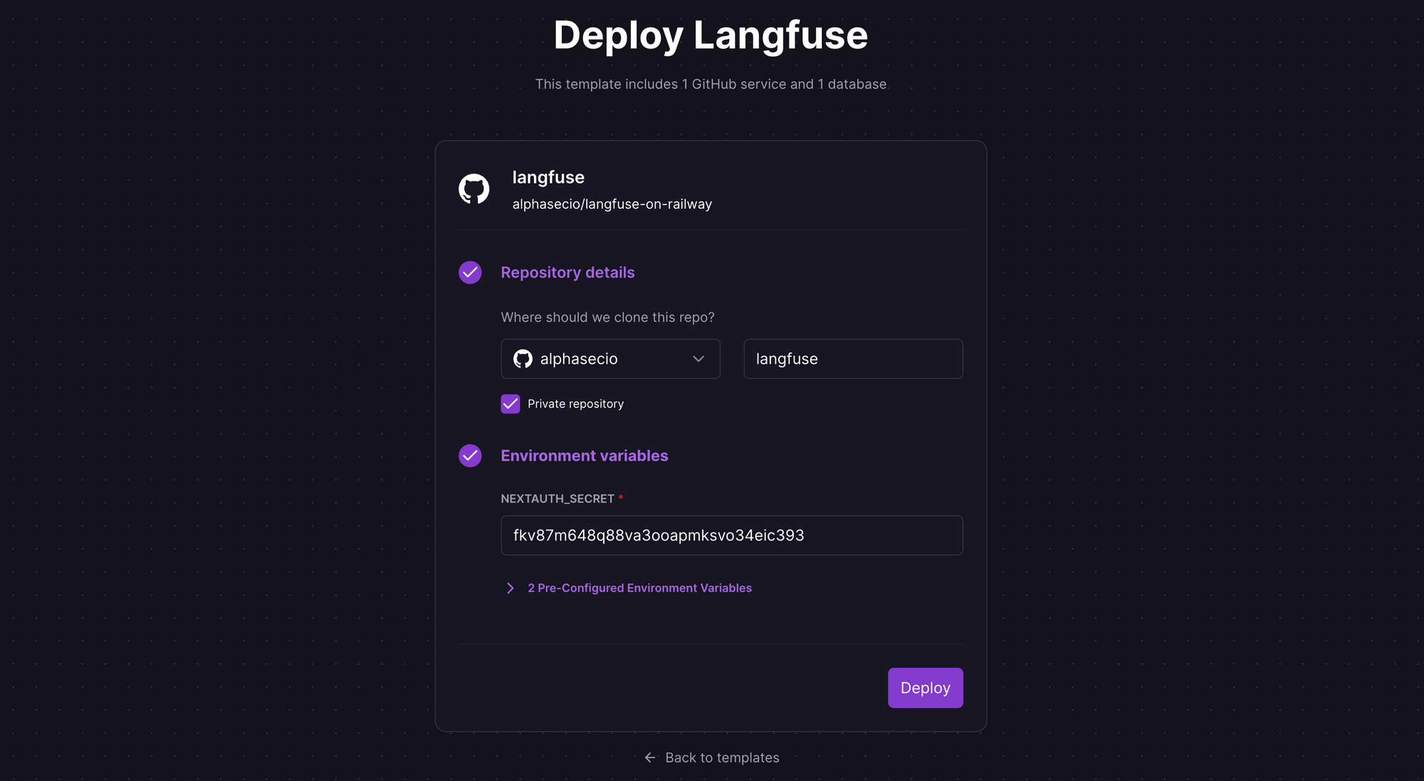 Deploy Langfuse server using the one-click template