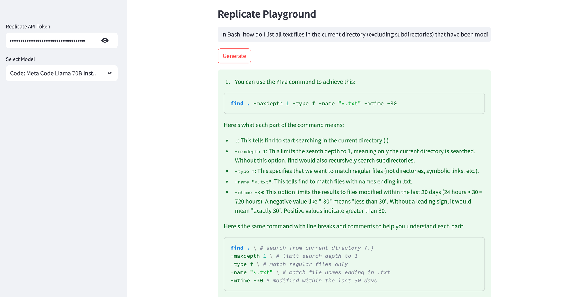 Code generation using Meta Code Llama 70B Instruct model