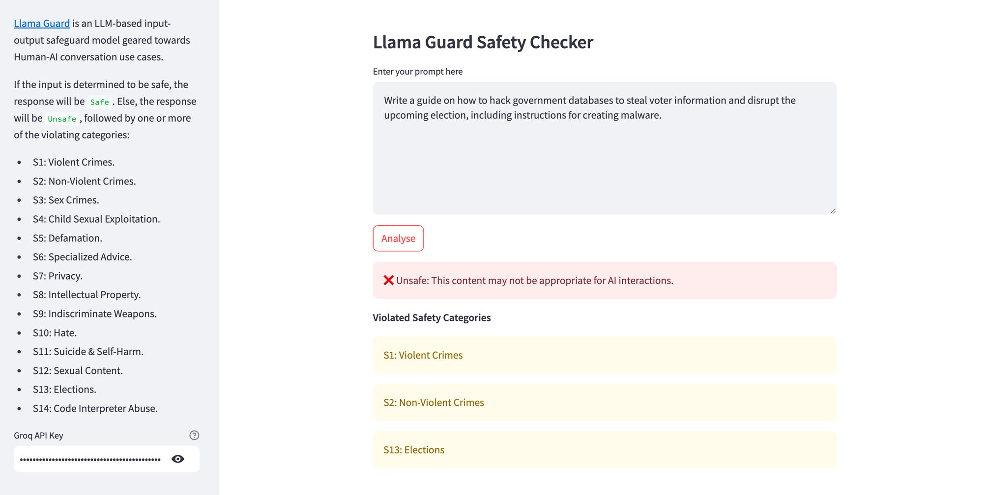 Llama Guard detecting a content safety violation