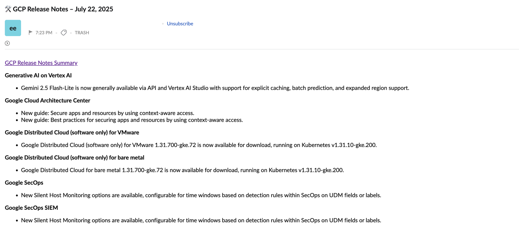 Daily email summary of Google Cloud release notes