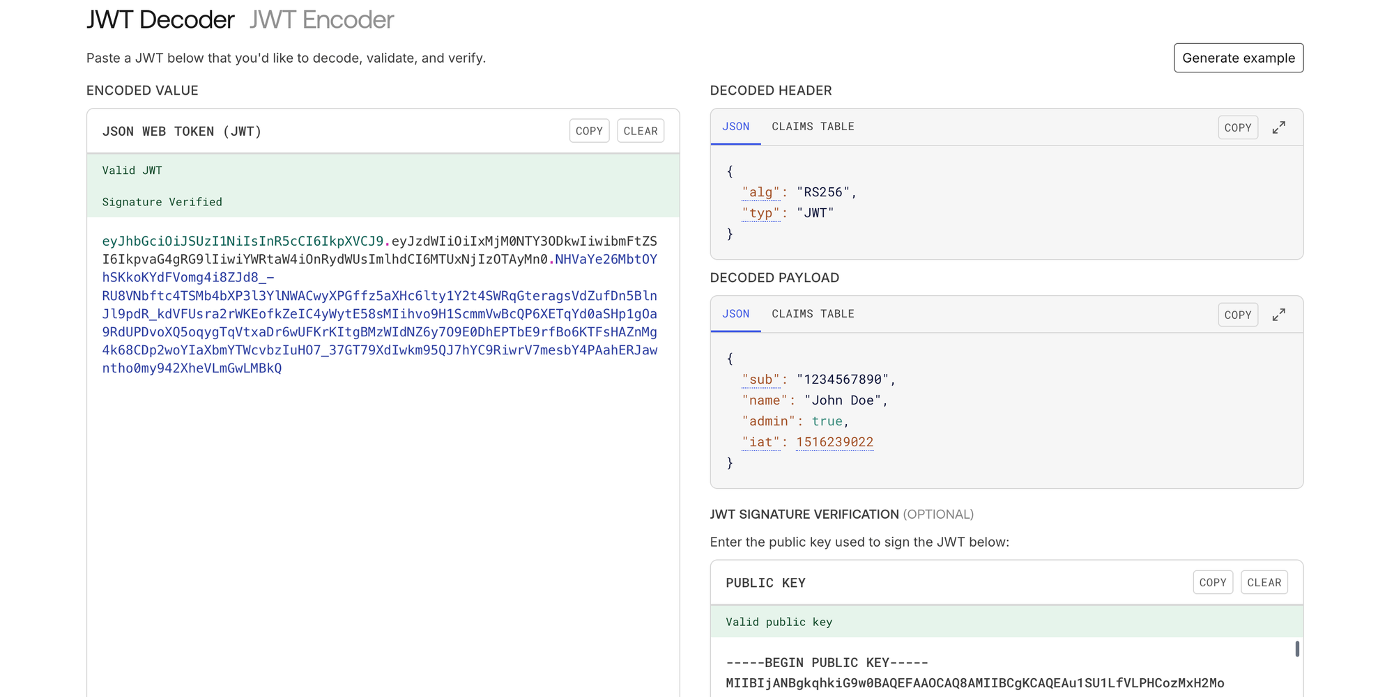 Decoded JWT sample using jwt.io