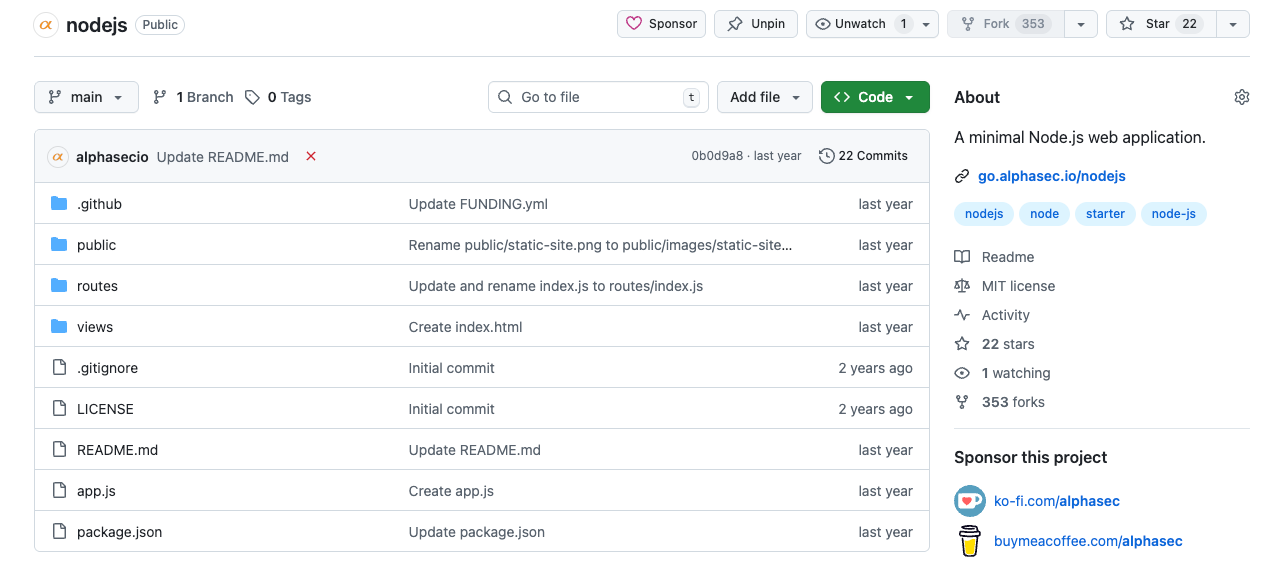 Node.js starter template source code on GitHub