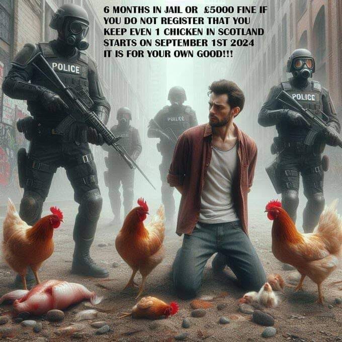 AI image of man being arrested for chicken ownership