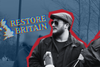 Stylised graphic showing a man wearing sunglasses and a flat cap outlined in red, beside the words “Restore Britain” over a dark blue background with a faint map of the UK.