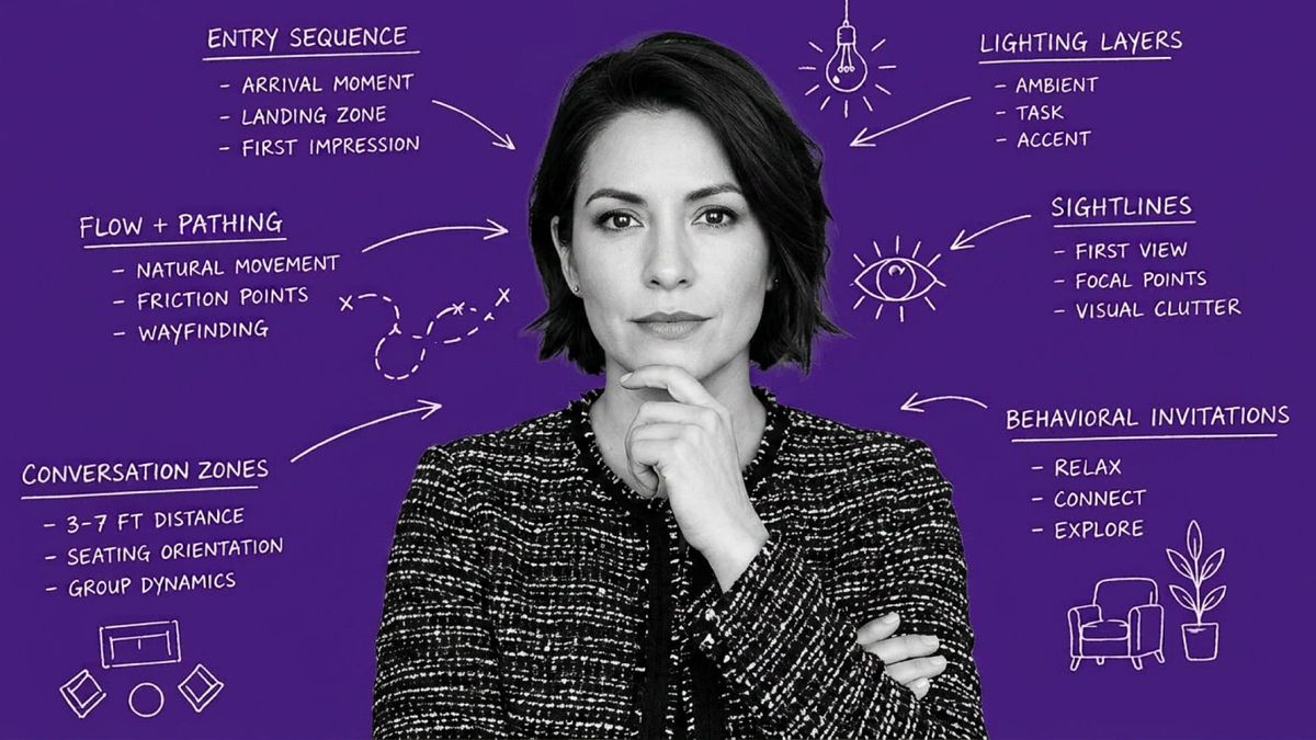 Editorial photo of a strategist analyzing a short-term rental with annotation overlays showing guest flow, friction points, sightlines, and behavioral cues.
