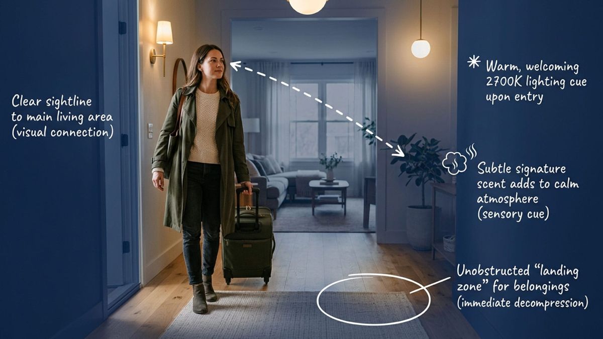Editorial photo of a guest entering a short-term rental with luggage, warm entry lighting, clear landing surface, and a strong first interior view.
