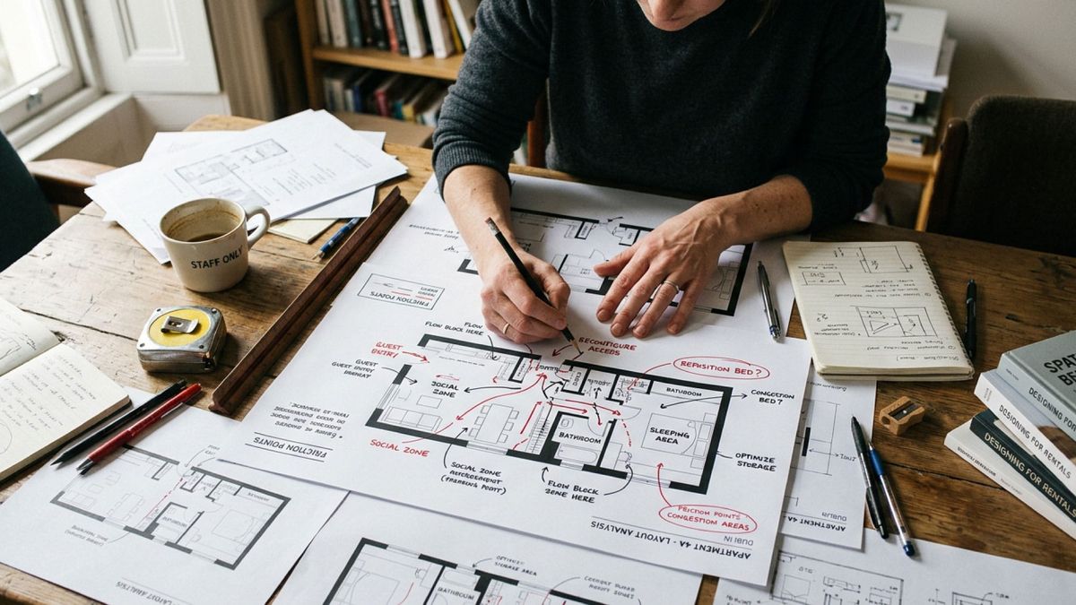 Overhead editorial photo of annotated short-term rental floor plans with handwritten notes, guest flow diagrams, and friction point analysis on a worktable.