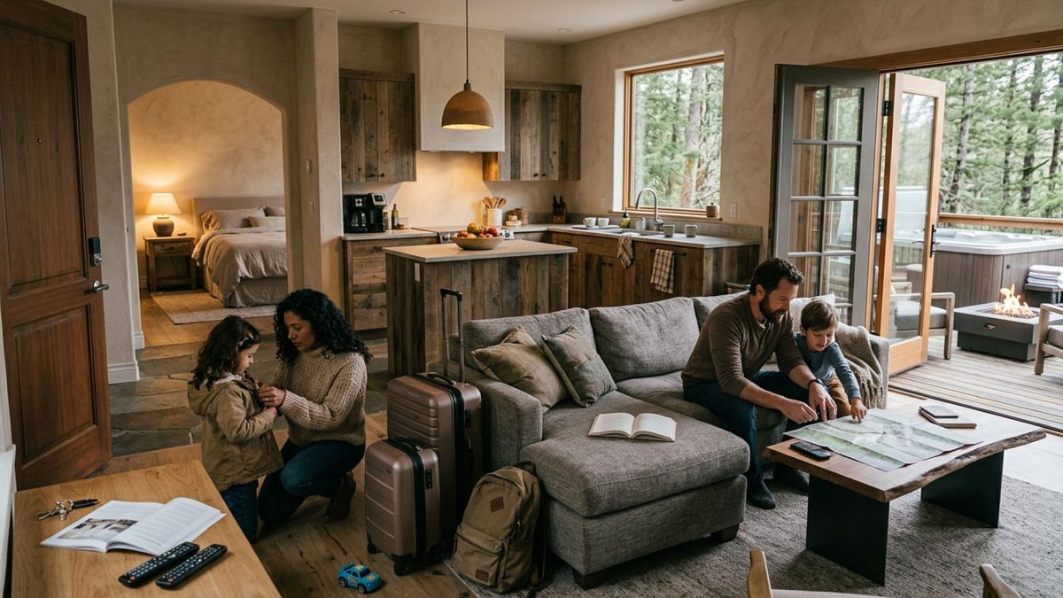 Wide editorial photo of a short-term rental interior showing four guest behavior zones including entry, gathering space, bedroom, and outdoor experience area.