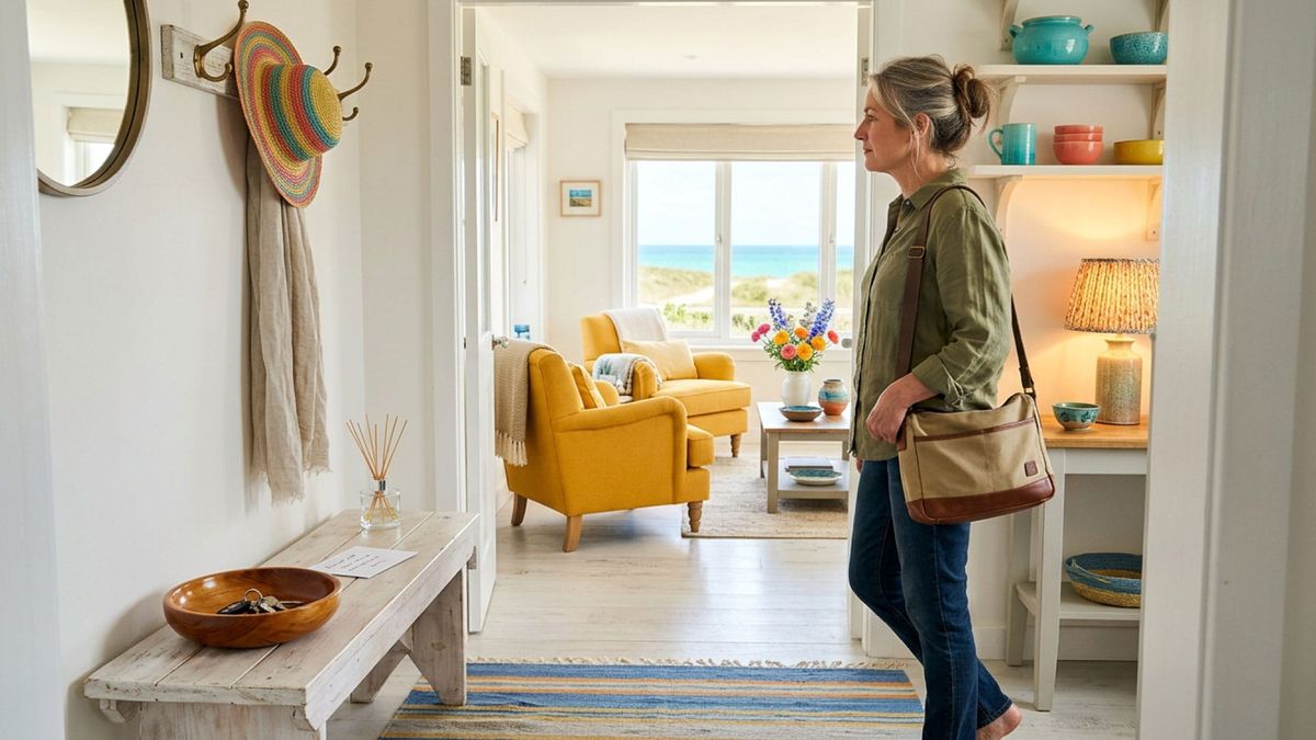 Editorial photo of a guest entering a short-term rental and pausing in the doorway as warm lighting and clear layout communicate the space’s first impression.