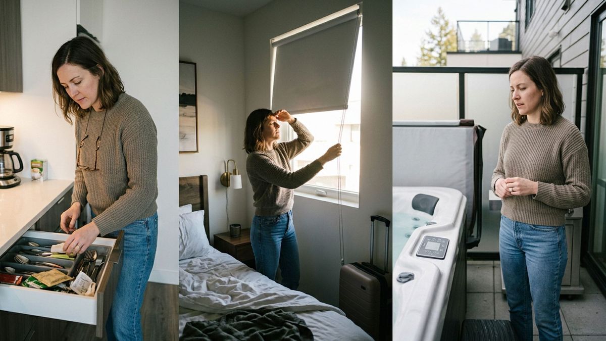 Editorial photo of a short-term rental guest encountering subtle friction points including searching kitchen drawers, adjusting bedroom blinds, and hesitating near an outdoor amenity.