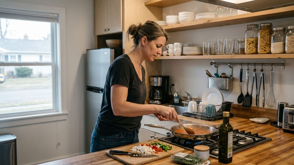 Editorial photo of a short-term rental kitchen in active use with clear prep space, organized tools, and a guest cooking comfortably in a functional layout.