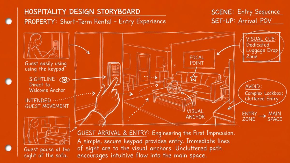 Editorial photo of a guest entering a short-term rental with intentional sightlines, clear visual anchor, and layout designed to guide guest movement and attention.