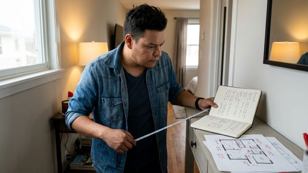 Editorial photo of a strategist evaluating a short-term rental with behavioral notes, live room assessment, and design recommendations during the GBA process.