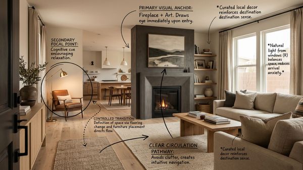 Editorial photo of a guest entering a short-term rental with intentional sightlines, clear visual anchor, and layout designed to guide guest movement and attention.