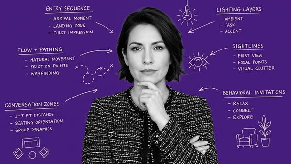 Editorial photo of a strategist analyzing a short-term rental with annotation overlays showing guest flow, friction points, sightlines, and behavioral cues.