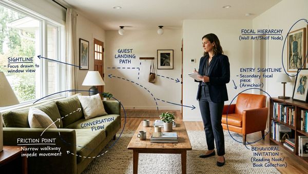 Editorial photo of a strategist analyzing a short-term rental with annotation overlays showing guest flow, friction points, sightlines, and behavioral cues.