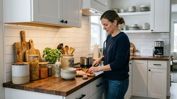 Editorial photo of a styled short-term rental kitchen with decorative clutter limiting prep space as a guest cooks around an impractical layout.