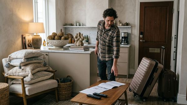 Editorial photo of a short-term rental interior showing subtle guest friction points including misplaced luggage, cluttered counters, extra pillows, and confusing TV instructions.