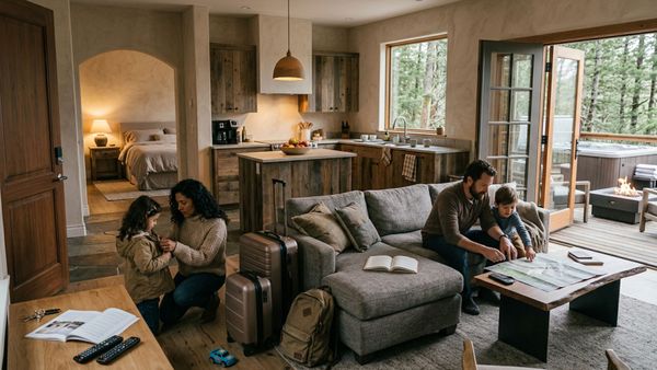 Wide editorial photo of a short-term rental interior showing four guest behavior zones including entry, gathering space, bedroom, and outdoor experience area.