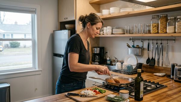 Editorial photo of a short-term rental kitchen in active use with clear prep space, organized tools, and a guest cooking comfortably in a functional layout.