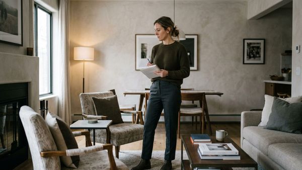 Editorial photo of a strategist evaluating subtle guest friction inside a short-term rental with notebook in hand during a live property walkthrough.