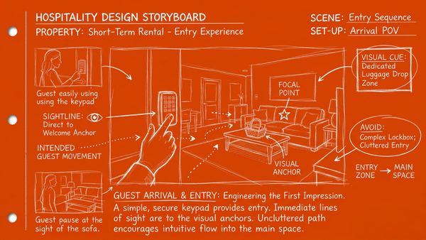 Editorial photo of a guest entering a short-term rental with intentional sightlines, clear visual anchor, and layout designed to guide guest movement and attention.