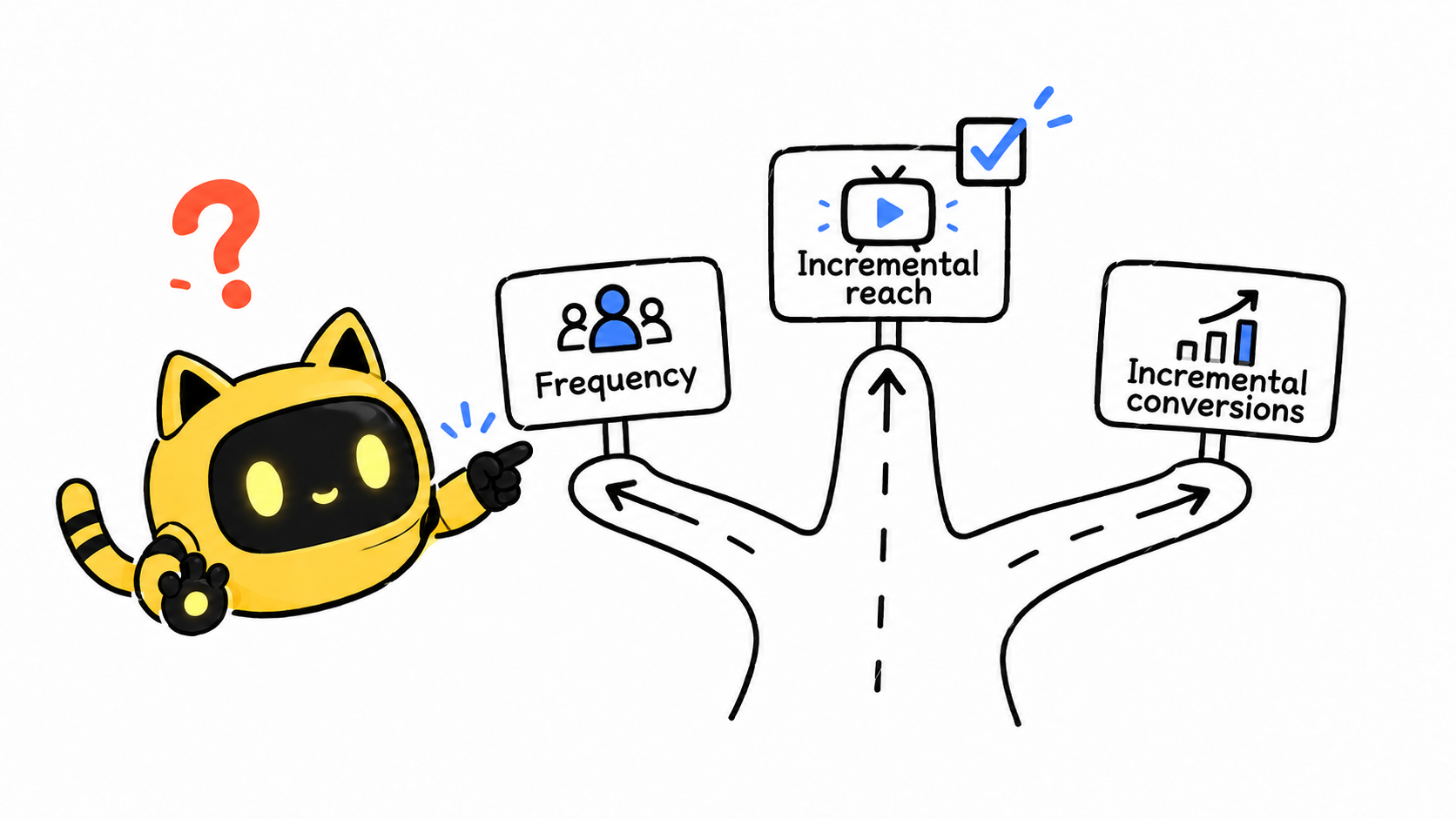 The yellow cat-eared robot chooses one CTV test objective from incremental reach, frequency, and incremental conversions