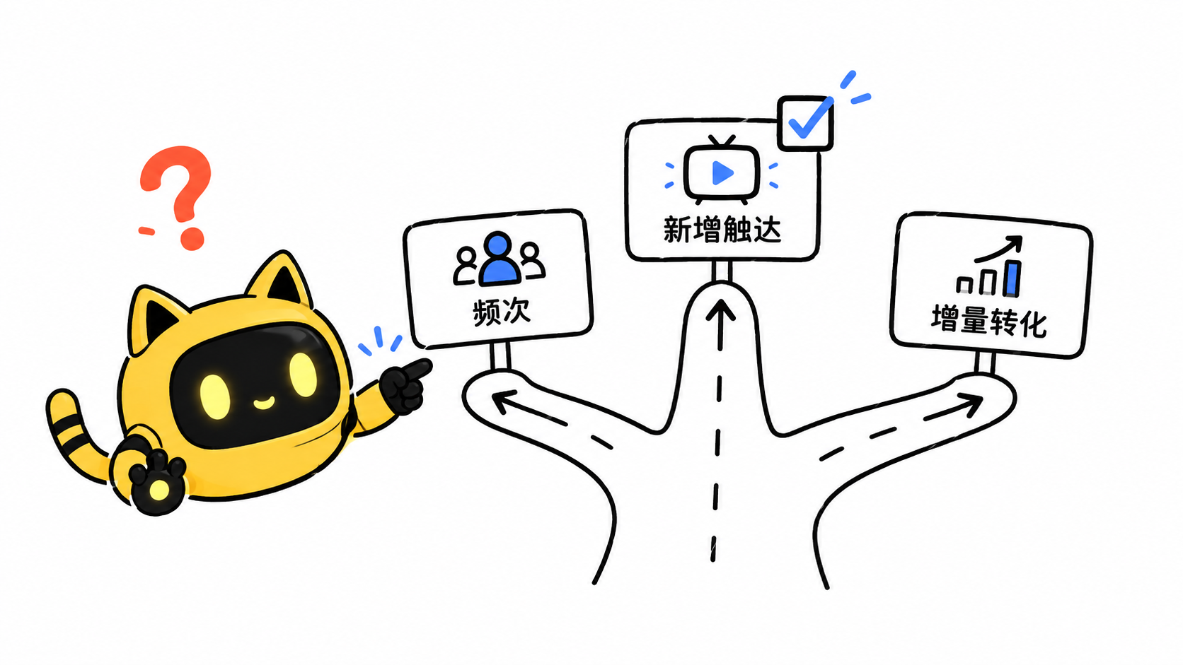 黄色猫耳机器人在新增触达、频次和增量转化三个检查点之间选择CTV测试目标
