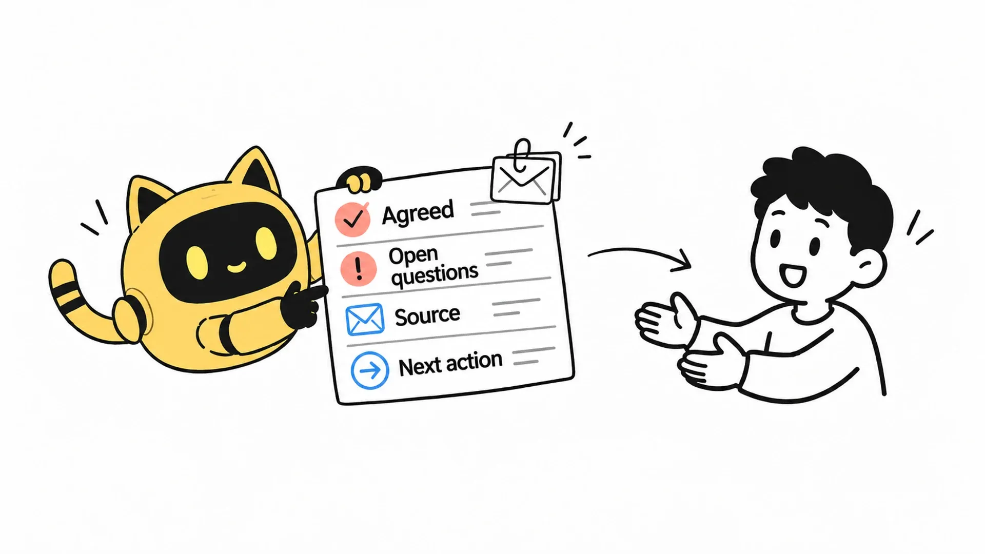 The OneCrew mascot shows a teammate a handover card listing agreed terms, open questions, the source and the next action.