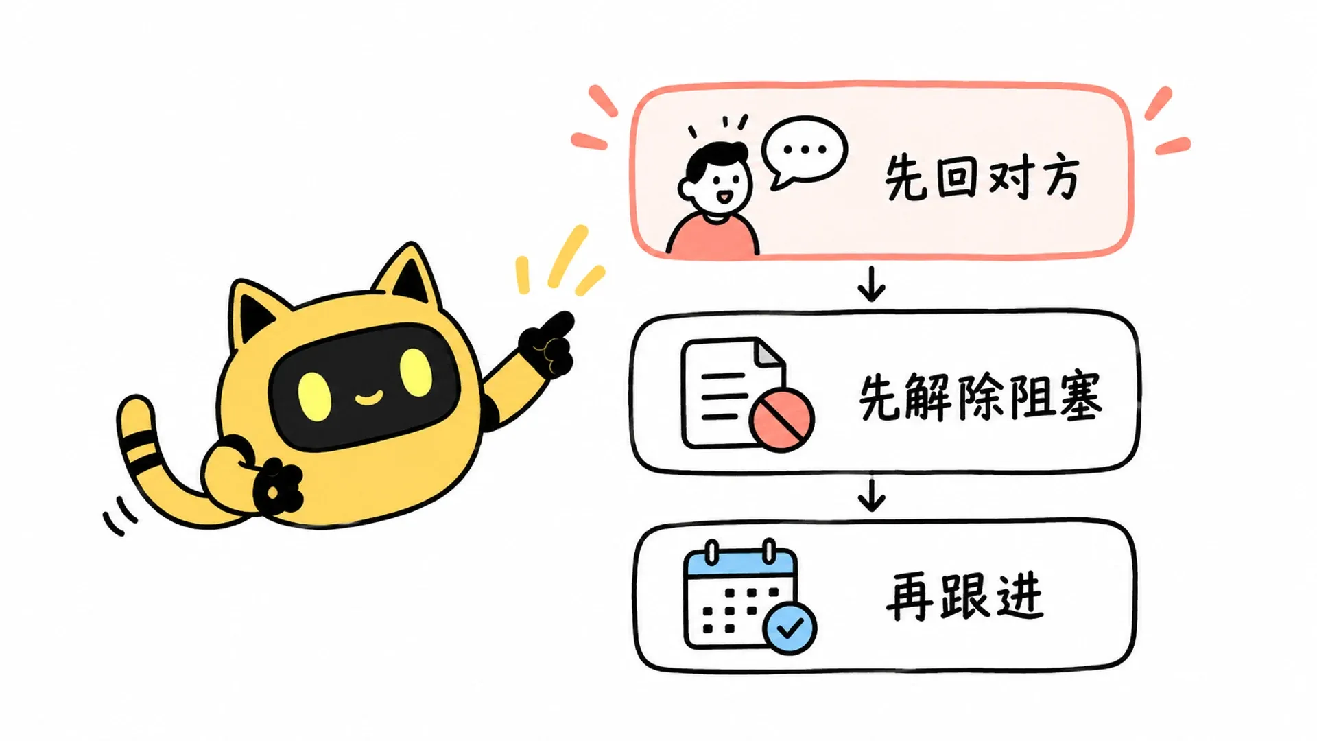 OneCrew 吉祥物指向三类工作：回复对方、解除阻塞和按计划跟进。