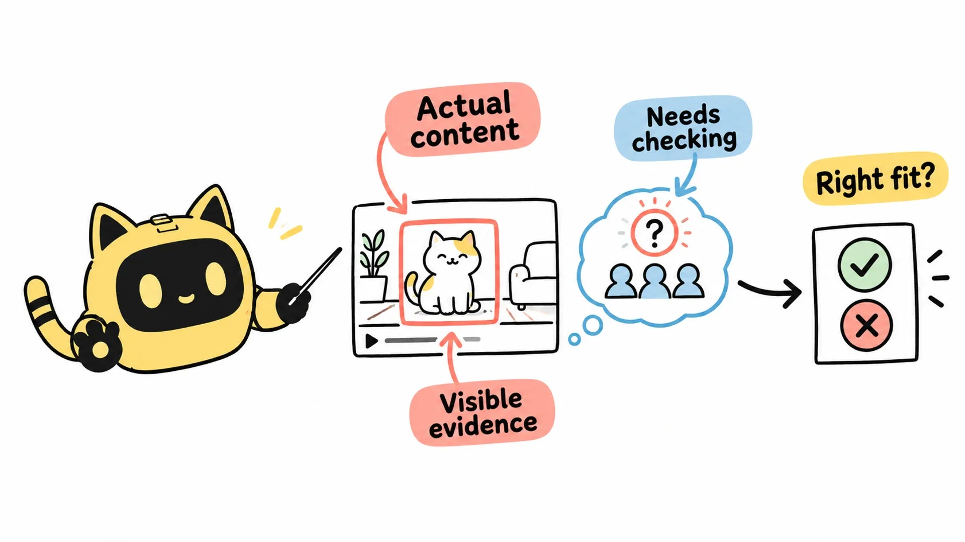 The OneCrew mascot checks visible evidence in a video and flags audience information for verification before assessing fit.