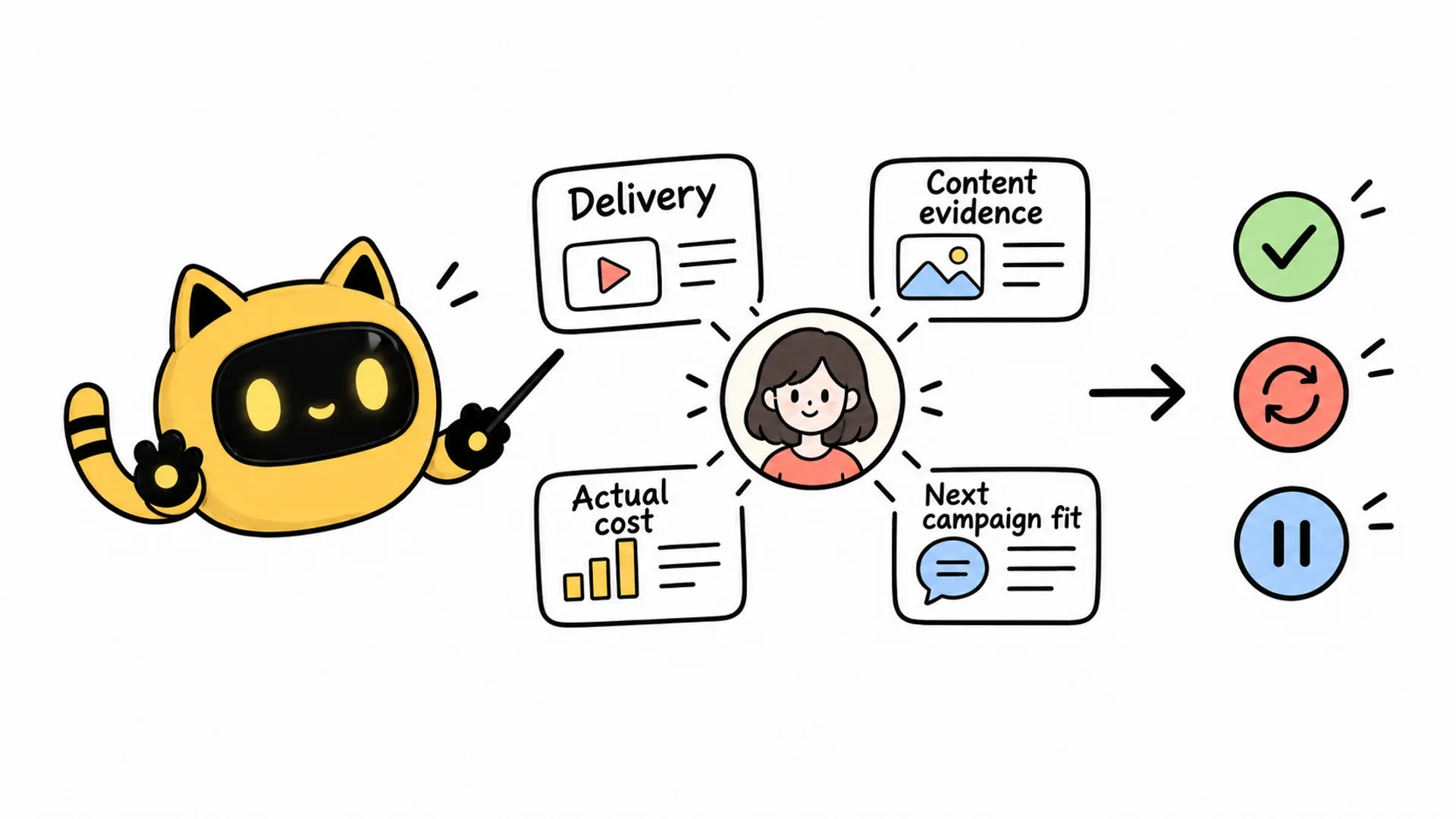 The OneCrew mascot reviews delivery, content evidence, actual cost and next-campaign fit before choosing to continue, adjust or pause.
