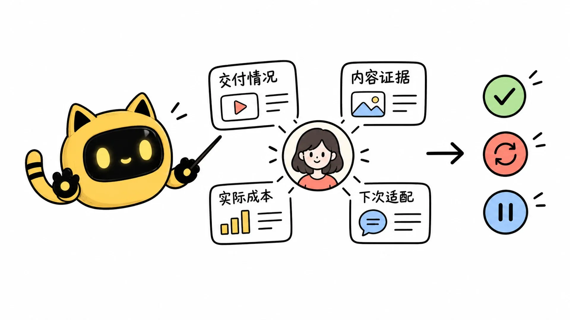 OneCrew 吉祥物围绕达人档案检查交付情况、内容证据、实际成本和下次适配，再选择继续、调整或暂缓。