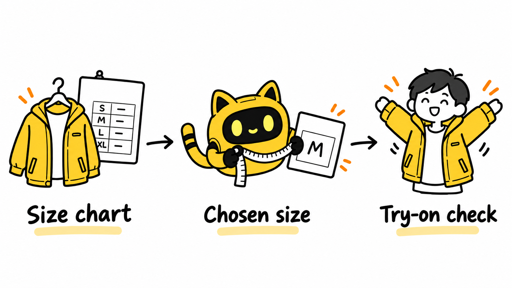 A size chart leads to a chosen sample size and an actual try-on check