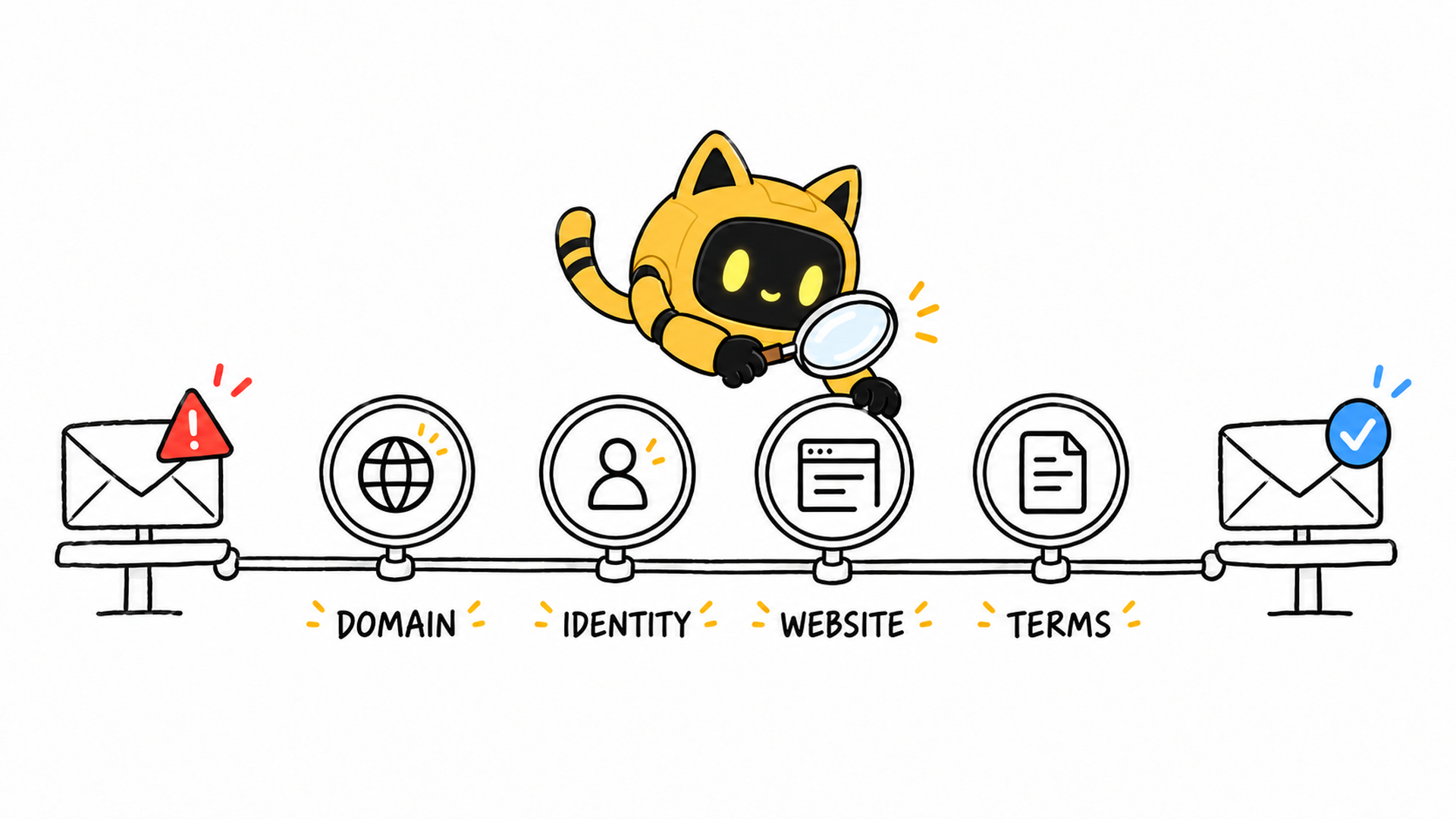 The yellow cat-eared OneCrew robot follows an email trail and checks the domain, sender identity, website, and collaboration terms
