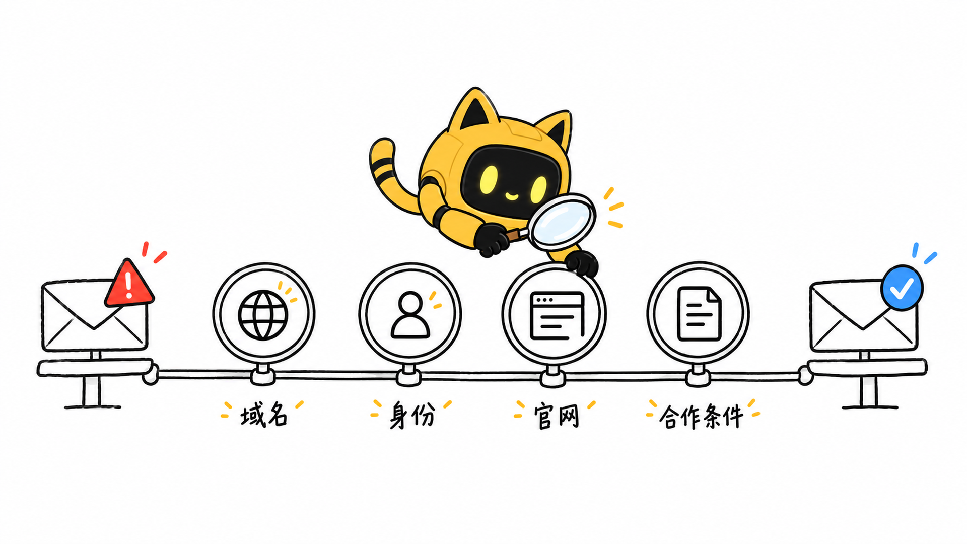 黄色猫耳机器人沿邮件检查轨道依次核验域名、身份、官网和合作条件